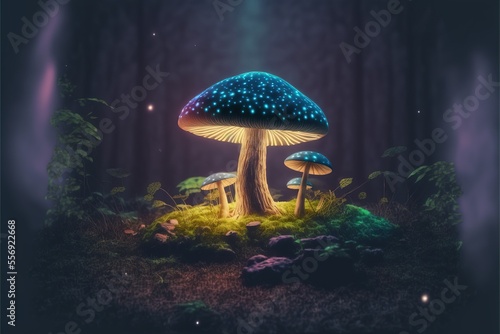 Fantasy Mushroom in mistry forest. generative ai photo