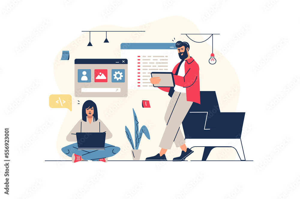 UI UX programming concept in flat line design with people scene. Woman and man creates user interface layouts and optomozates for different gadgets, develop applications. Illustration for web