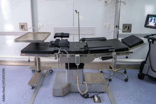 Medical equipment and devices in the operating room of a hospital emergency room.
