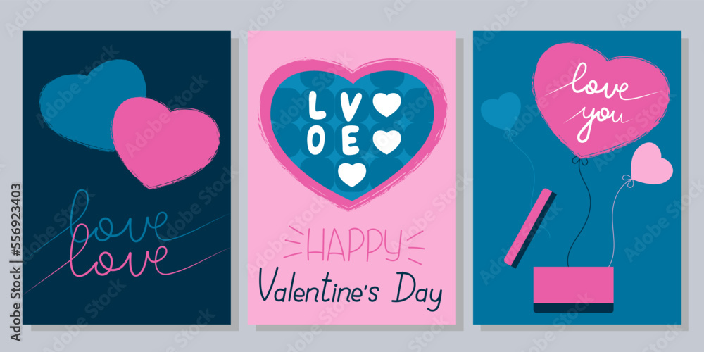 Valentine`s Day cards set. Printable cards template for Valentine`s Day. Ideal for Valentine`s Day. Layout in A6. Doodles and sketches vector illustrations. 
