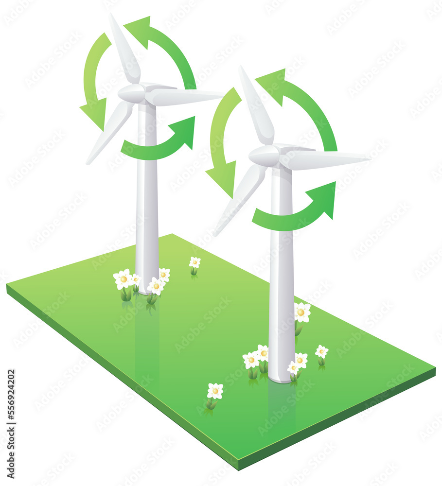 Field of white 3D wind turbines with the circular green arrows of the blades indicating their operation on a piece of grassland (cut out) Field of white 3D wind turbines with the circular green arrows of the blades indicating their operation on a piece of grassland (cut out)
