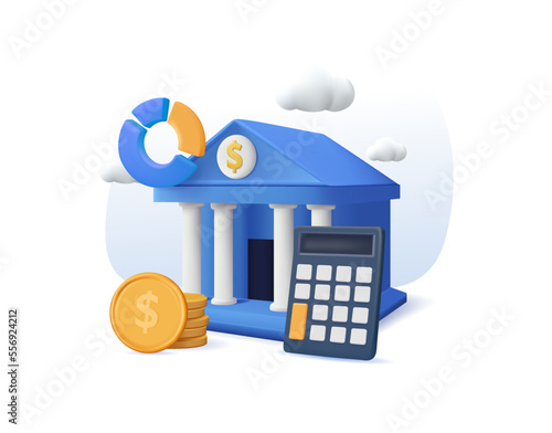 Coins, Financial Graphs Near Government Finance Department or Tax Office Column Building. Public Finance Audit Concept. 3D render Vector Illustration. Online banking, bank icon, finance calculation