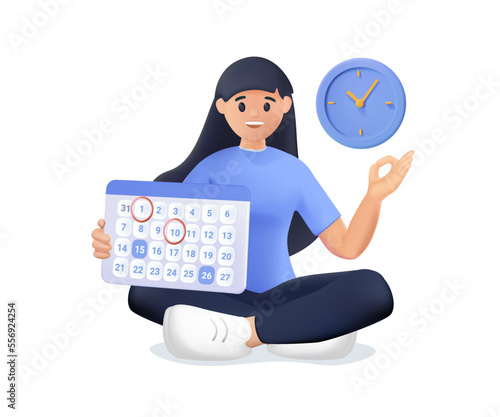 Smiling business woman holding calendar and clock. Deadlines, day schedule planning business plan. Time management, timing, self organization, business planning concept. 3d render vector people