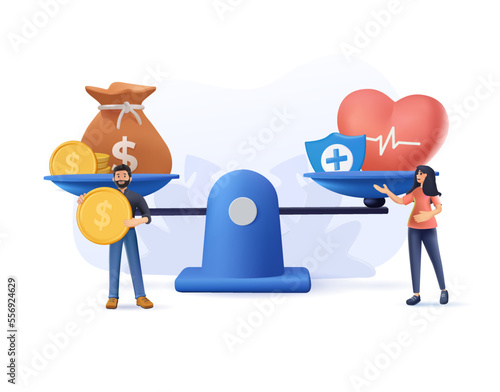 Health and work on scales 3D. People balance job, money and sleep. Comparison business stress and healthy life. Tiny employees 3D render vector concept. Measurement equality health work illustration