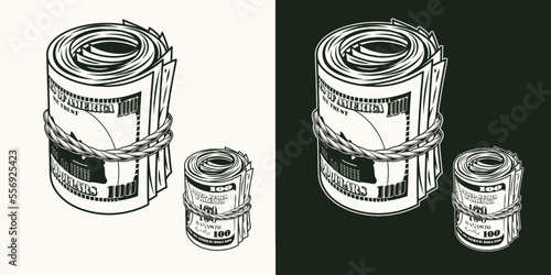 Standing upright money roll tied with rope. Rolls with obverse and reverse side of 100 dollar bills. Cash money. Vintage style. Monochrome detailed vector illustration on dark and white background.