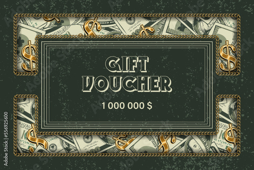 Gift certificate layout with money background with 100 dollar bills, gold dollar sign, grunge texture, copy space. Green khaki colors. Rough style. Horizontal landscape orientation photo