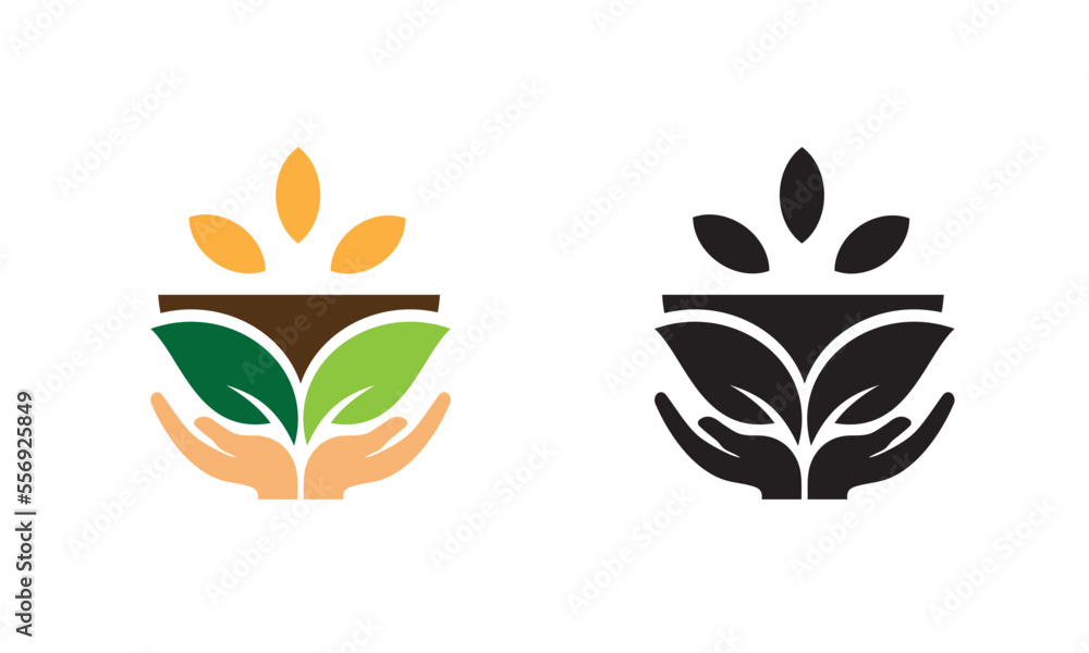 Fototapeta premium set of icons of plants. Hands holding plant seed.