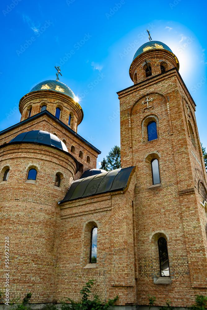 Fototapeta premium Christian church cross in high steeple tower for prayer