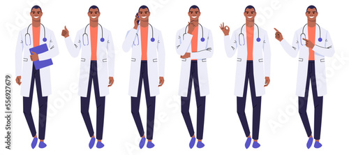 Dark-skinned doctor stands in various poses and gestures. Medical worker calls, thinks, shows ok, thumbs up. A man in a white coat and a stethoscope. Flat vector isolated on white.