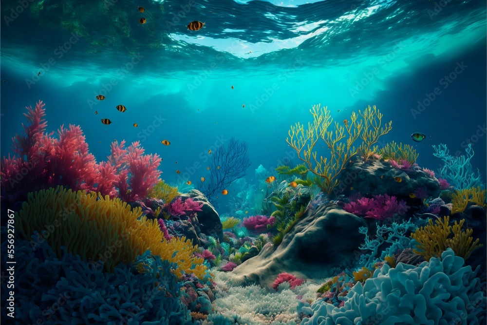 Colorful multi-colored underwater landscape with coral fish and stones. Small black and yellow fish on the sea background. AI generated.