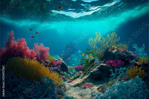 Colorful multi-colored underwater landscape with coral fish and stones. Small black and yellow fish on the sea background. AI generated.