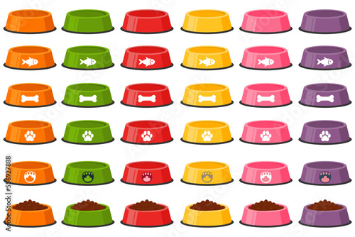 Vector colorful image of bowls for pet food. Feeding cats and dogs. The concept of veterinary care for pets. Design element for applications, website, etc.