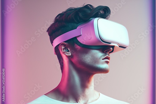 Man wearing VR headset exploring the metaverse, minimal and clean. Generative AI