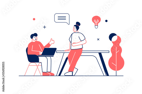 Creative agency concept in flat line design with people scene. Woman and man working as designers, discussing job tasks at office, brainstorming and creating new ideas. Illustration for web