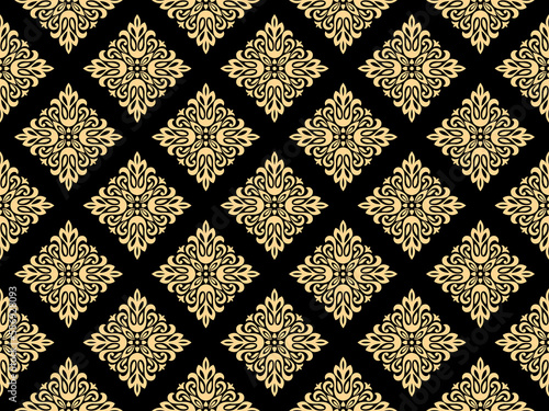 Wallpaper in the style of Baroque. Seamless vector background. Gold and black floral ornament. Graphic pattern for fabric, wallpaper, packaging. Ornate Damask flower ornament