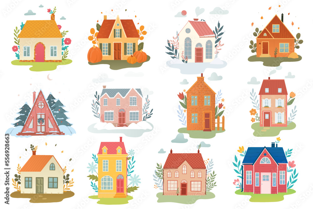 set of hand drawn village houses,  countryside cottage. Real estate theme. Good for posters, prints, cards, stickers, signs, etc. EPS 10