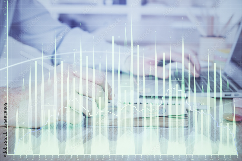 Multi exposure of financial graph with man works in office on background. Concept of analysis. Multi exposure of financial graph with man works in office on background. Concept of analysis.