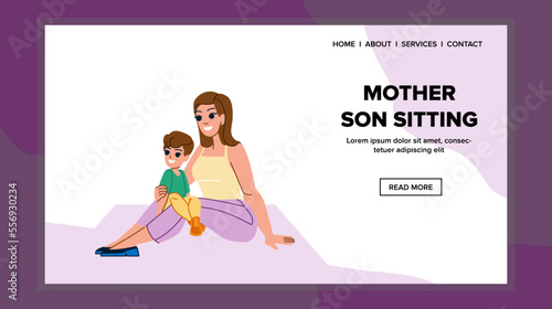 mother son sitting vector. family happiness, home children, cheerful internet, grandson learning mother son sitting web flat cartoon illustration