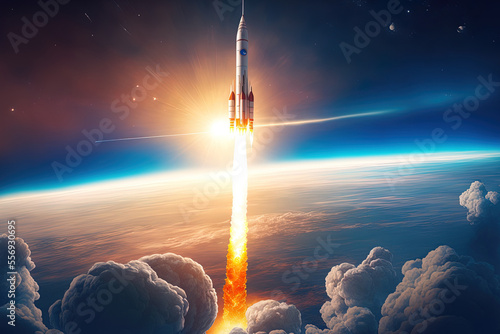 Launch composition for rockets realistic image of a flying rocket with a view of the stratosphere, stars, and the sun. Generative AI