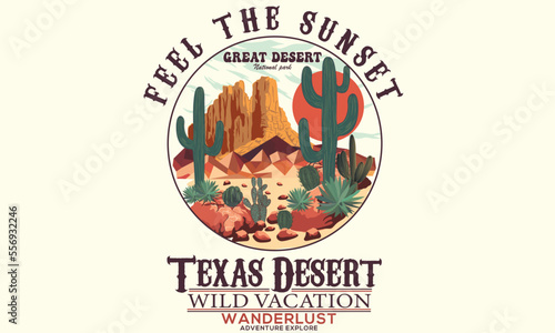 Western desert print design for t shirt. Texas desert vibes vector artwork design.	