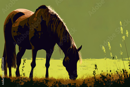 a cartoonish horse is shown solitary grazing grass. Generative AI