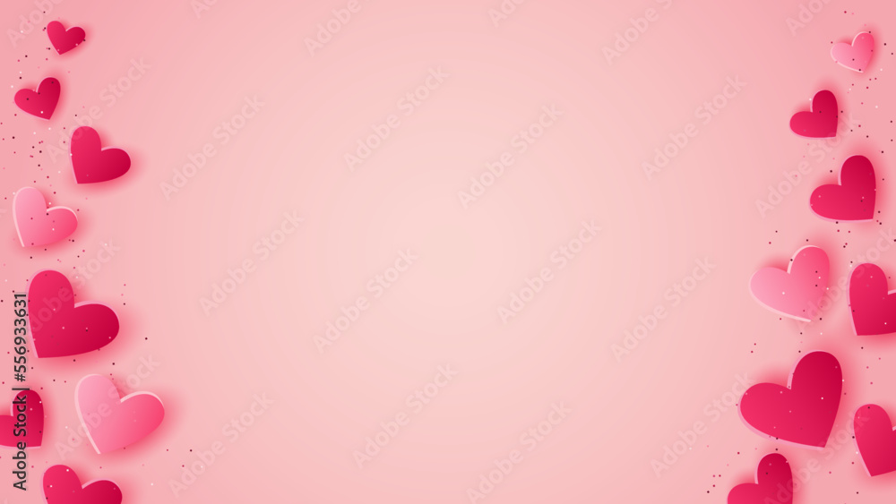 Valentine's day background. Red hearts on pink background. Paper cut style