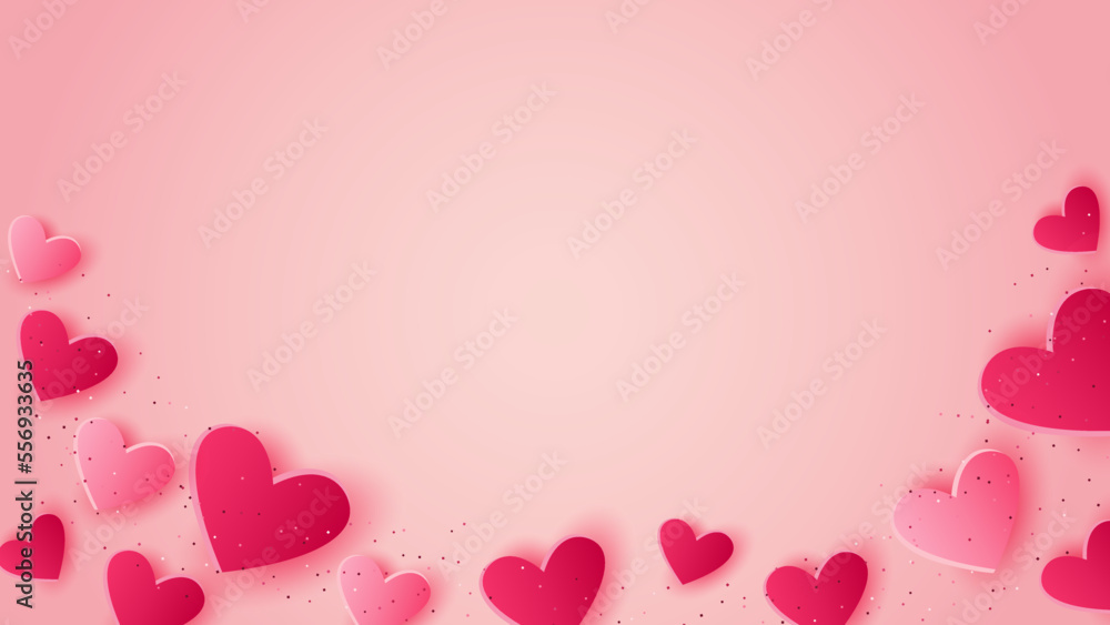 Valentine's day background. Red hearts on pink background. Paper cut style