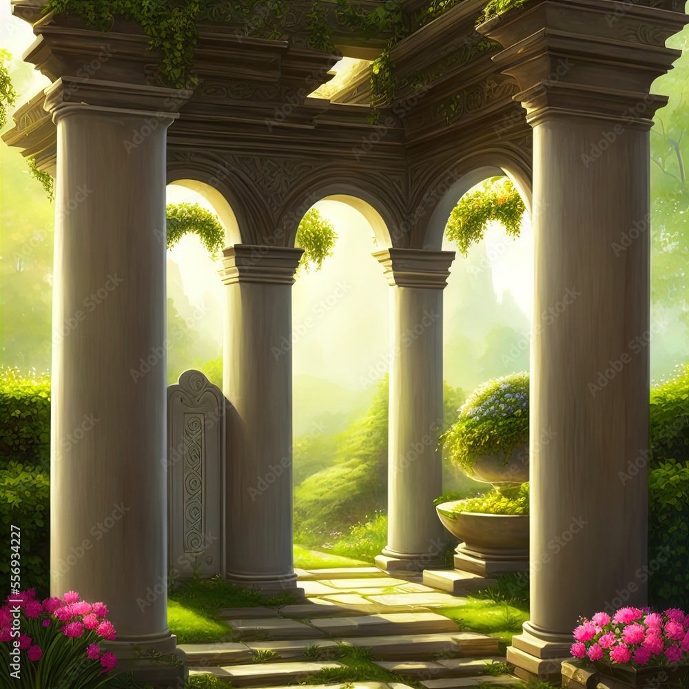 Beautiful fantasy gate, surrounded by greenery. 