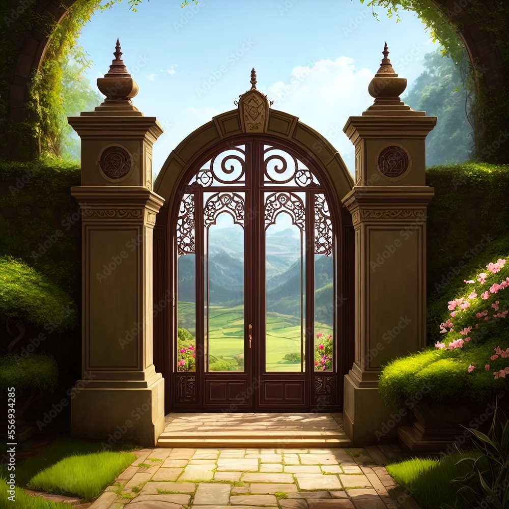 Fototapeta premium Beautiful fantasy gate, surrounded by greenery. 