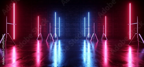 Sci Fi Alien Cyber Dark Hallway Room Corridor Neon Purple Blue Lights On Stands Glossy Concrete Floor Brick Wall Rough Grunge 3D Rendering