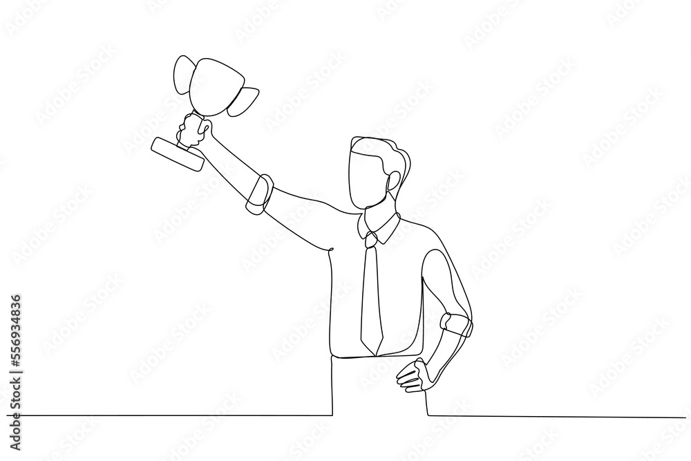 Cartoon of businessman hold award trophy concept of successful. One continuous line art style