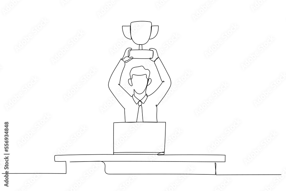 Illustration of businessman in office holding a trophy showing achievement. Single line art style Illustration of businessman in office holding a trophy showing achievement. Single line art style