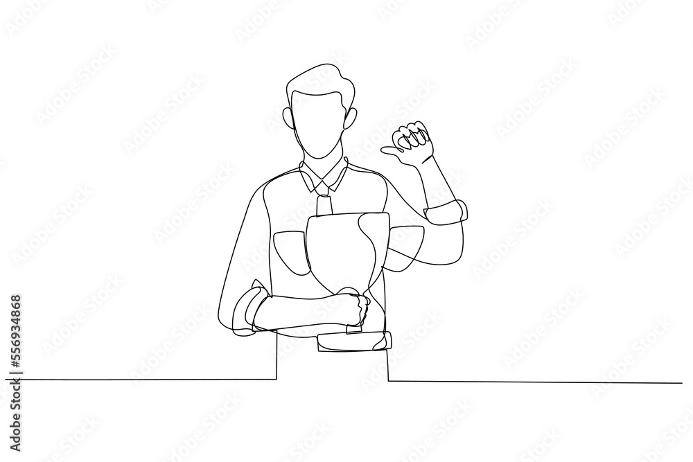 Cartoon of businessman pointing self with thumb feeling proud get trophy award for achievement. One line art style