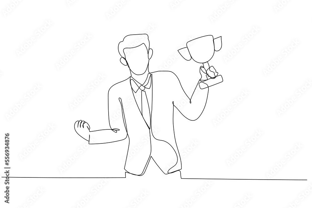 Illustration of businessman holding a trophy success get promotion. Single line art style