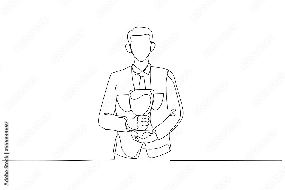 Illustration of businessman standing with trophy in hand flexing for success. Single continuous line art style