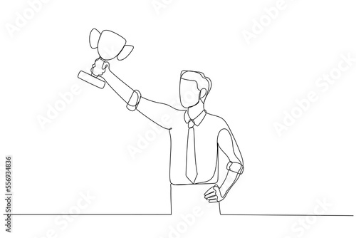 Cartoon of businessman hold award trophy concept of successful. One continuous line art style