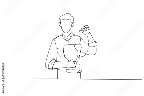 Cartoon of businessman pointing self with thumb feeling proud get trophy award for achievement. One line art style