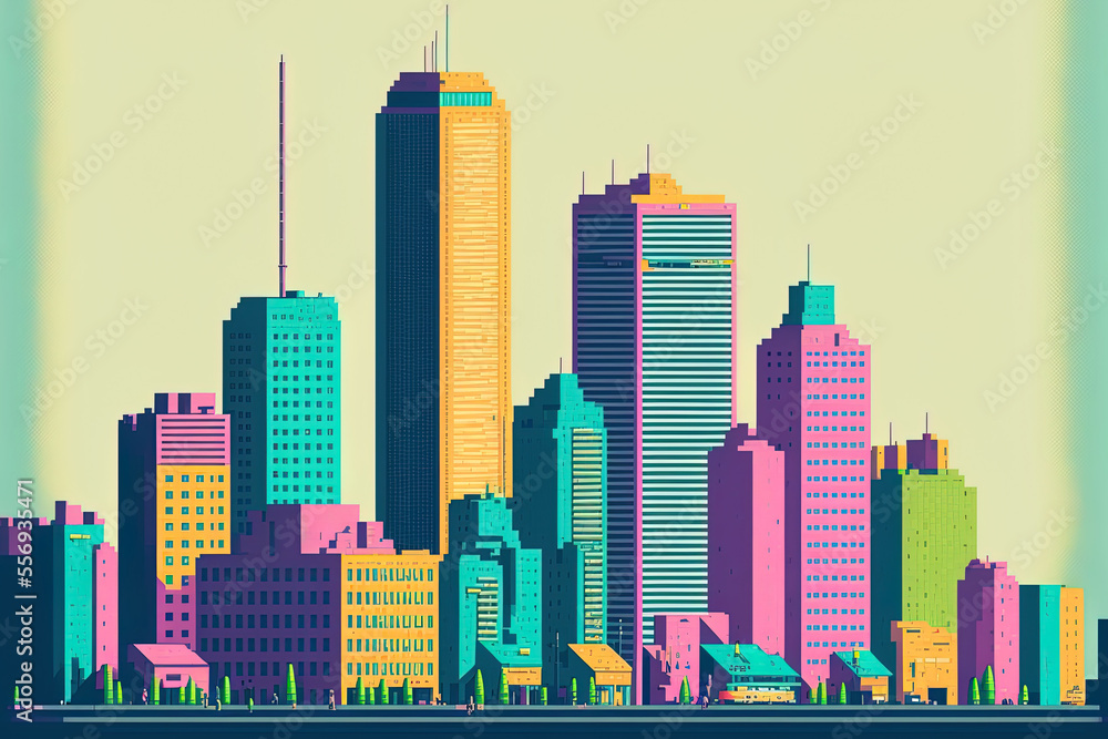 empty city illustration in pixel art. Cityscape of the downtown area with colourful homes and structures. design for a computer game or mobile app. Low rise apartment complexes against a skylin empty city illustration in pixel art. Cityscape of the downtown area with colourful homes and structures. design for a computer game or mobile app. Low rise apartment complexes against a skylin