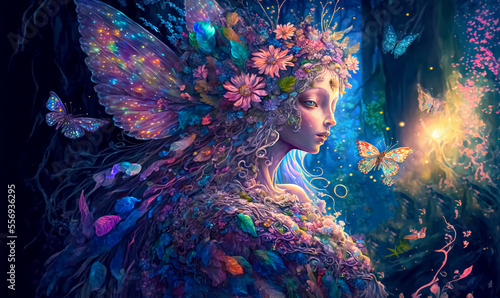 Dreamy fairy with wings in a fantasy magical enchanted forest with butterflies, magic flowers and huge moon	