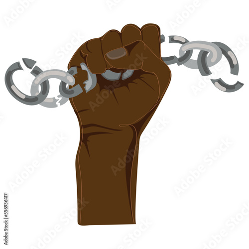 Afro american man fist up with broken chain vector illustration.Black history month concept drawing with black skined fist and chain isolated on white design template for poster,banner,print,emblem