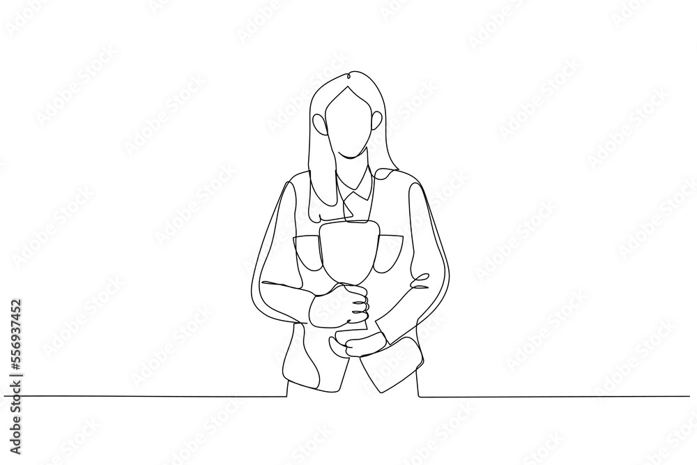 Cartoon of businesswoman standing with trophy in hand flexing for success. Single line art style