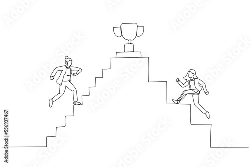 Cartoon of businesswoman going up the stairs towards the trophy at the top. One line art style