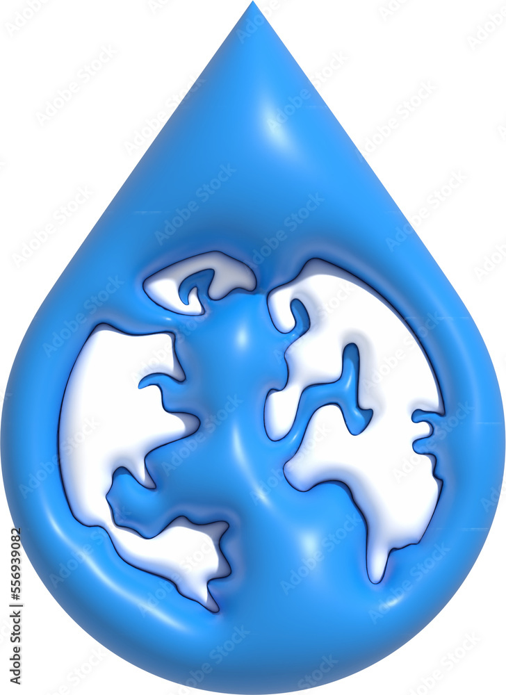 Obraz premium Blue water drop icon with earth inside, Washing hand for covid pandemic. World water day and Save water 3D render illustration
