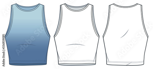 Crop Top technical fashion illustration, blue design. Tank Top fashion technical drawing template, round neck, slim fit, front and back view, white color, women, men, unisex CAD mockup set.