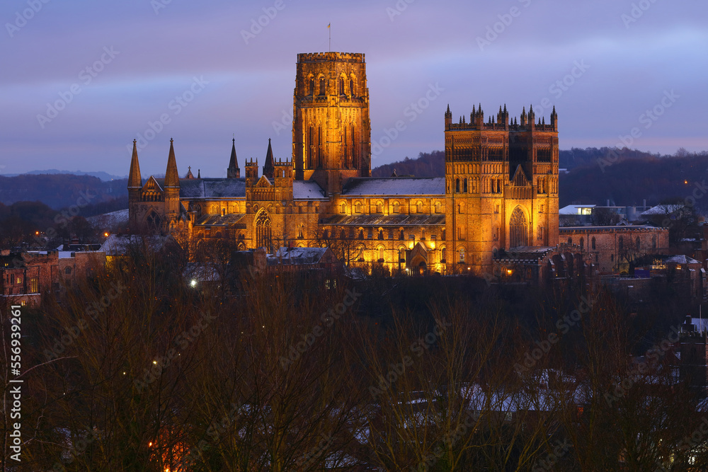 View of Durham City just after sunset, with the Cathedral floodlit. County Durham, England, UK.