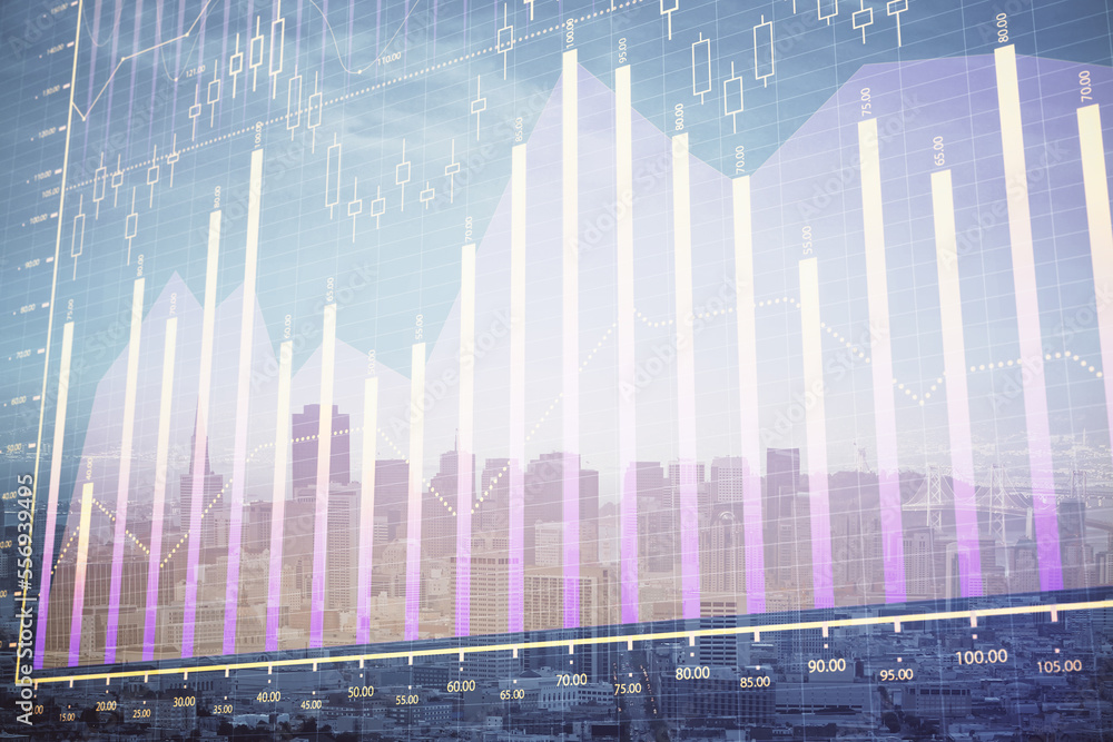 Forex graph on city view with skyscrapers background multi exposure. Financial analysis concept. Forex graph on city view with skyscrapers background multi exposure. Financial analysis concept.