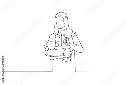 Cartoon of arab businessman holding many awards winning from competition. Single continuous line art