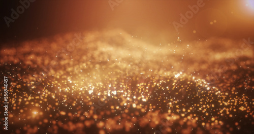 Abstract yellow golden glowing energy waves from particles and dots magical with blur effect on dark background. Abstract background