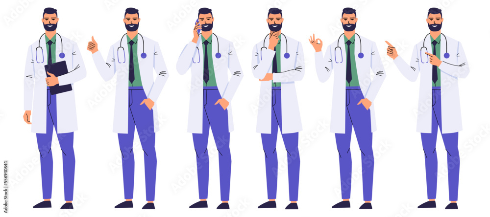 Bearded Doctor stands in various poses and gestures. Medical worker calls, thinking, showing thumb up, pointing with index fingers, ok. Man in a white coat and with a stethoscope isolated on a white. Bearded Doctor stands in various poses and gestures. Medical worker calls, thinking, showing thumb up, pointing with index fingers, ok. Man in a white coat and with a stethoscope isolated on a white.