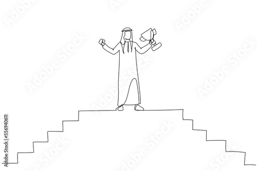 Illustration of arab businessman climbing up to top of high stair way of city show hand up holding trophy. Single continuous line art style